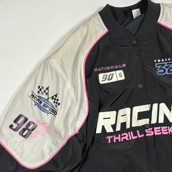 H&M Racing Thrill Seeker Black and Pink Oversized Bomber Jacket sz Small - Picture 3 of 9